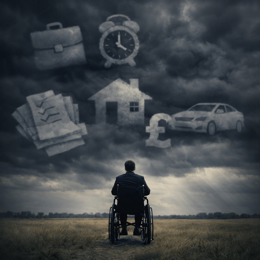Man standing in field looking at clouds shaped like briefcase, clock, pacifier, checklist, house, car, and dollar sign