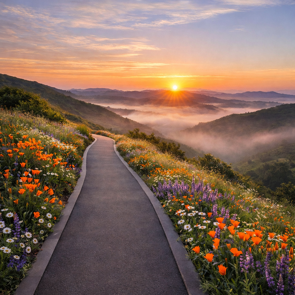 Mountain trail with orange, purple, and white wildflowers under rising sun and morning mist