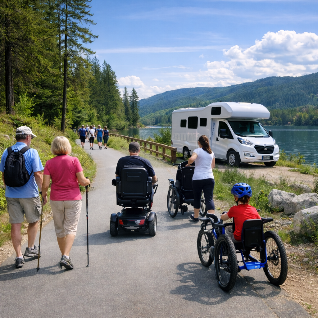 People walking, using wheelchairs, and adaptive bicycles on lakeside paved trail
