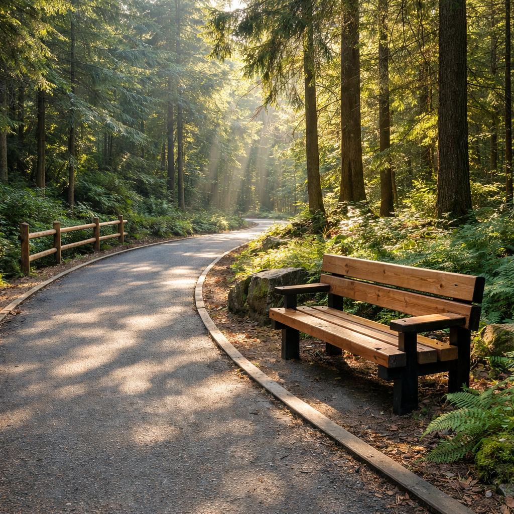 Curved paved path through dense forest with a wooden bench on the right and sunlight filtering through trees