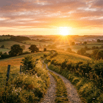 Winding dirt path through green fields with setting sun in the background