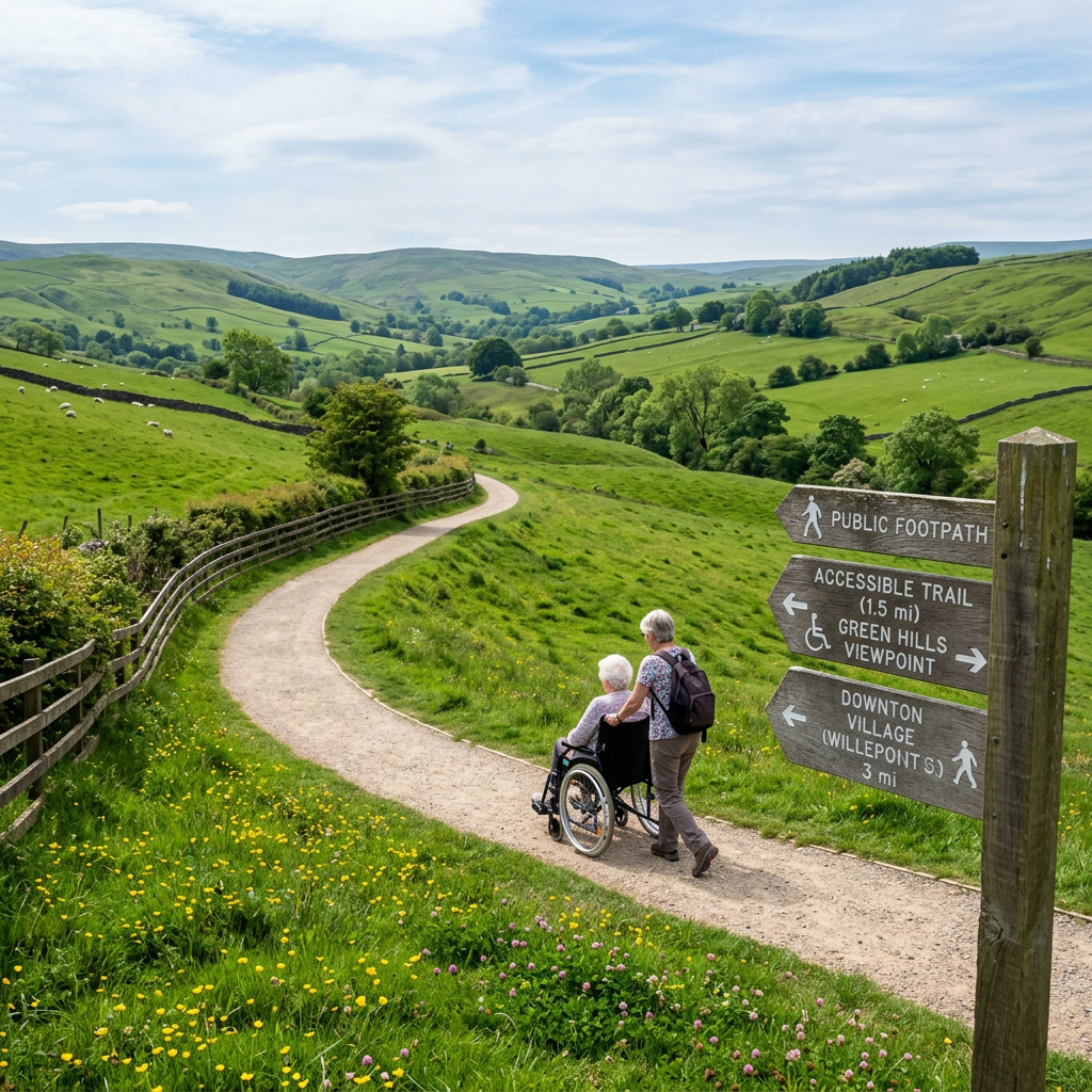 Caregiver pushing elderly person in wheelchair on accessible trail through green hills