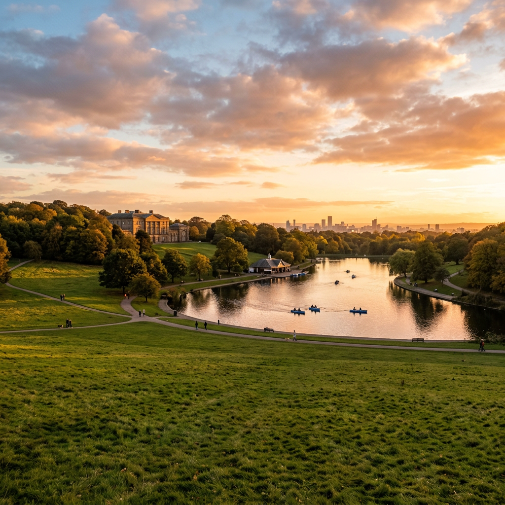 Lake in city park with boats and historic building at sunset