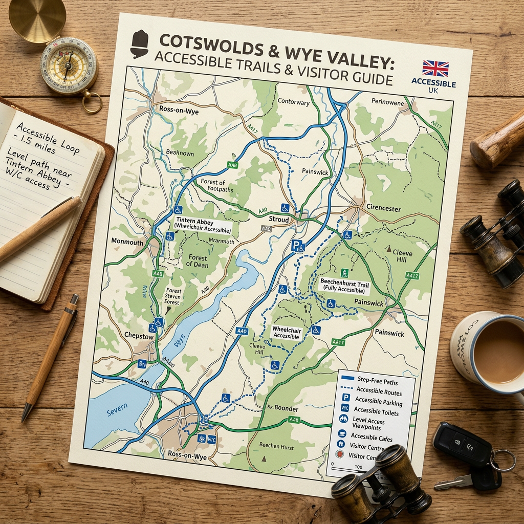Map of Cotswolds and Wye Valley showing accessible trails, parking, toilets, and cafes.