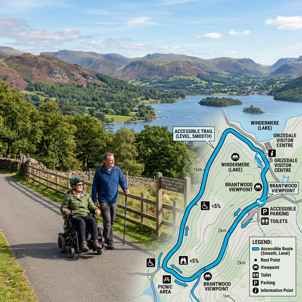 Man walking beside woman in wheelchair on accessible trail with scenic mountain and lake view
