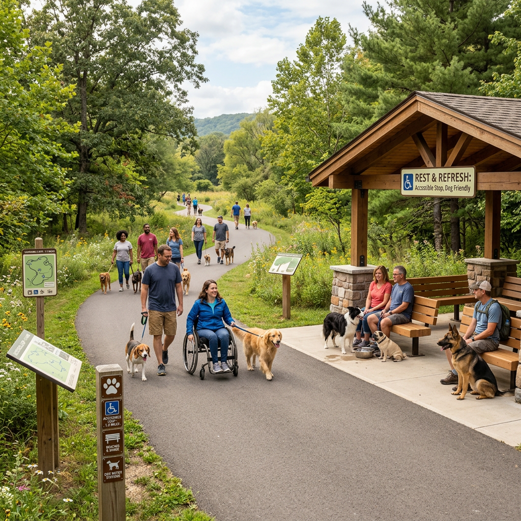People walking dogs on an accessible trail with a wheelchair user and a rest area sign