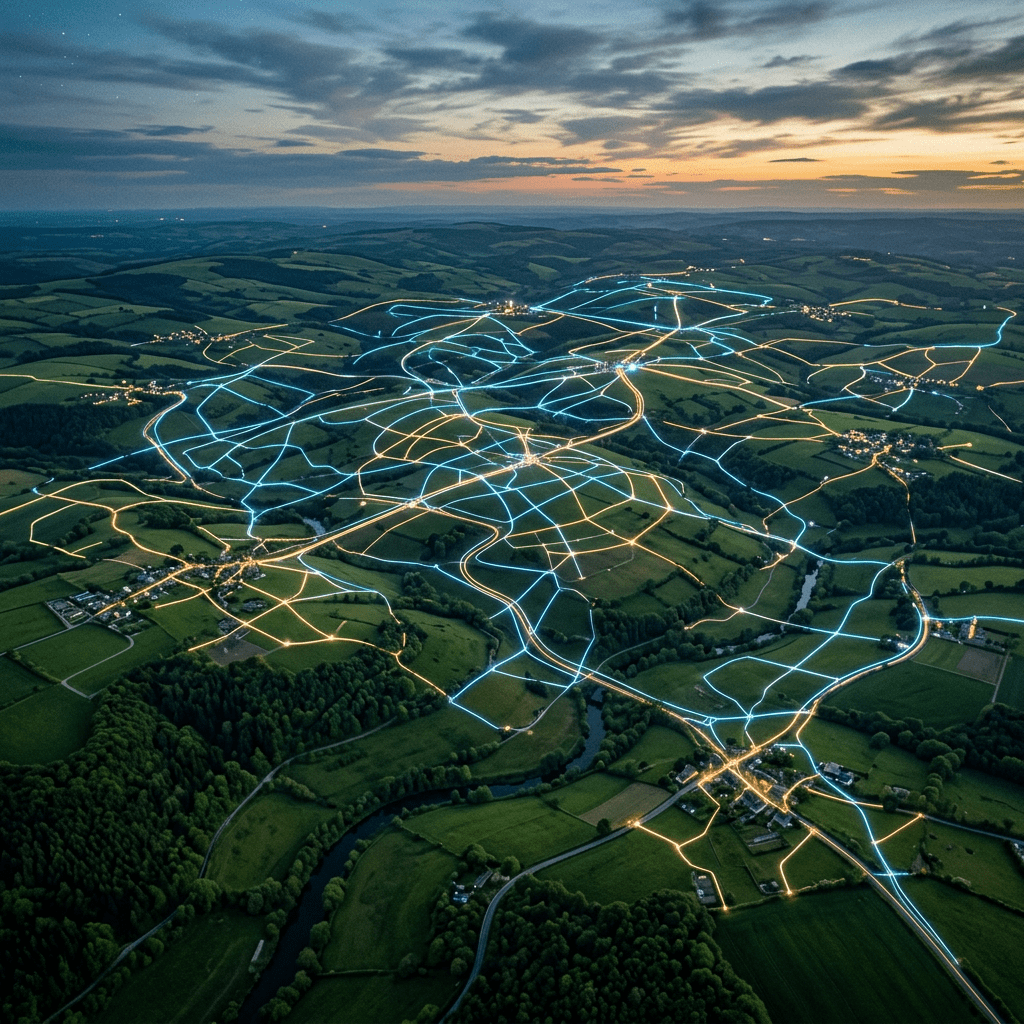 Aerial view of rural area with winding roads highlighted by blue and yellow lights at dusk