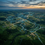 Aerial view of rural area with winding roads highlighted by blue and yellow lights at dusk