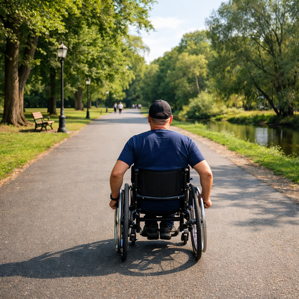 A man in a wheelchair moving along a paved path by a river in a green park
