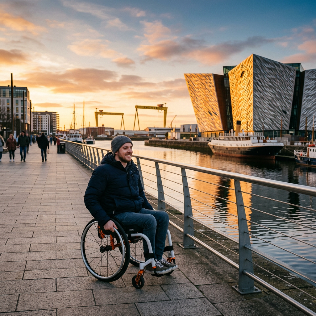Smiling man in wheelchair by waterfront promenade with modern buildings and boats at sunset