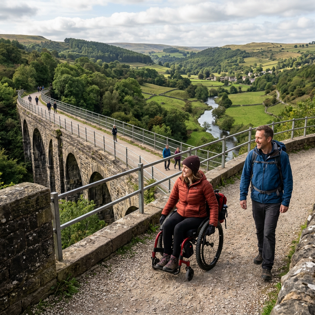 Woman in wheelchair and man hiking on accessible trail by stone viaduct with green hills
