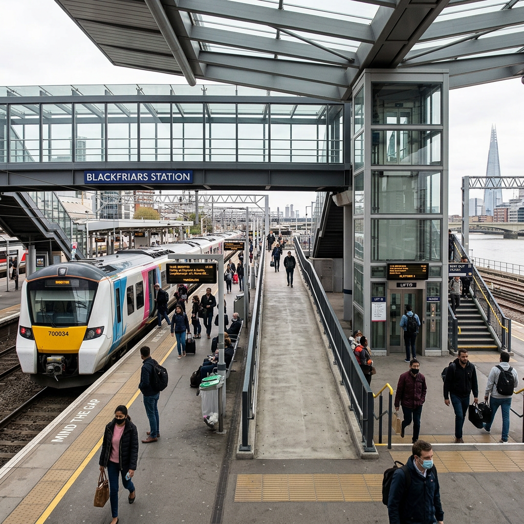 Blackfriars Station train platform with passengers and train 700034