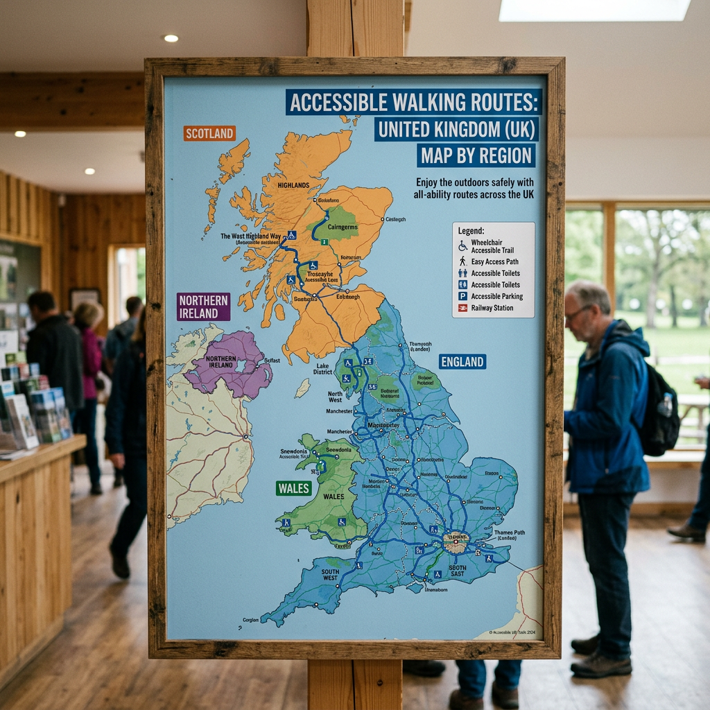 Map of accessible walking routes by region in the United Kingdom including Scotland, Northern Ireland, Wales, and England