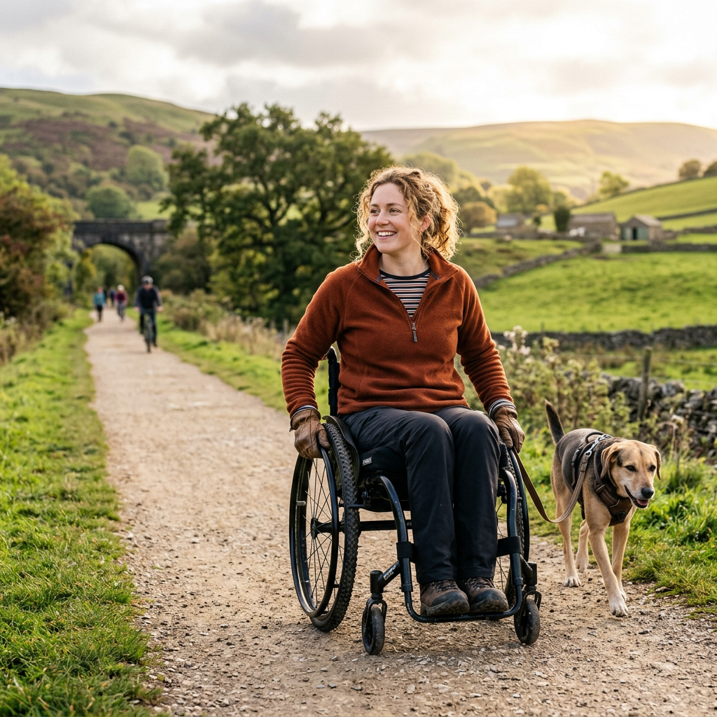 Woman in wheelchair walking a dog on a country trail
