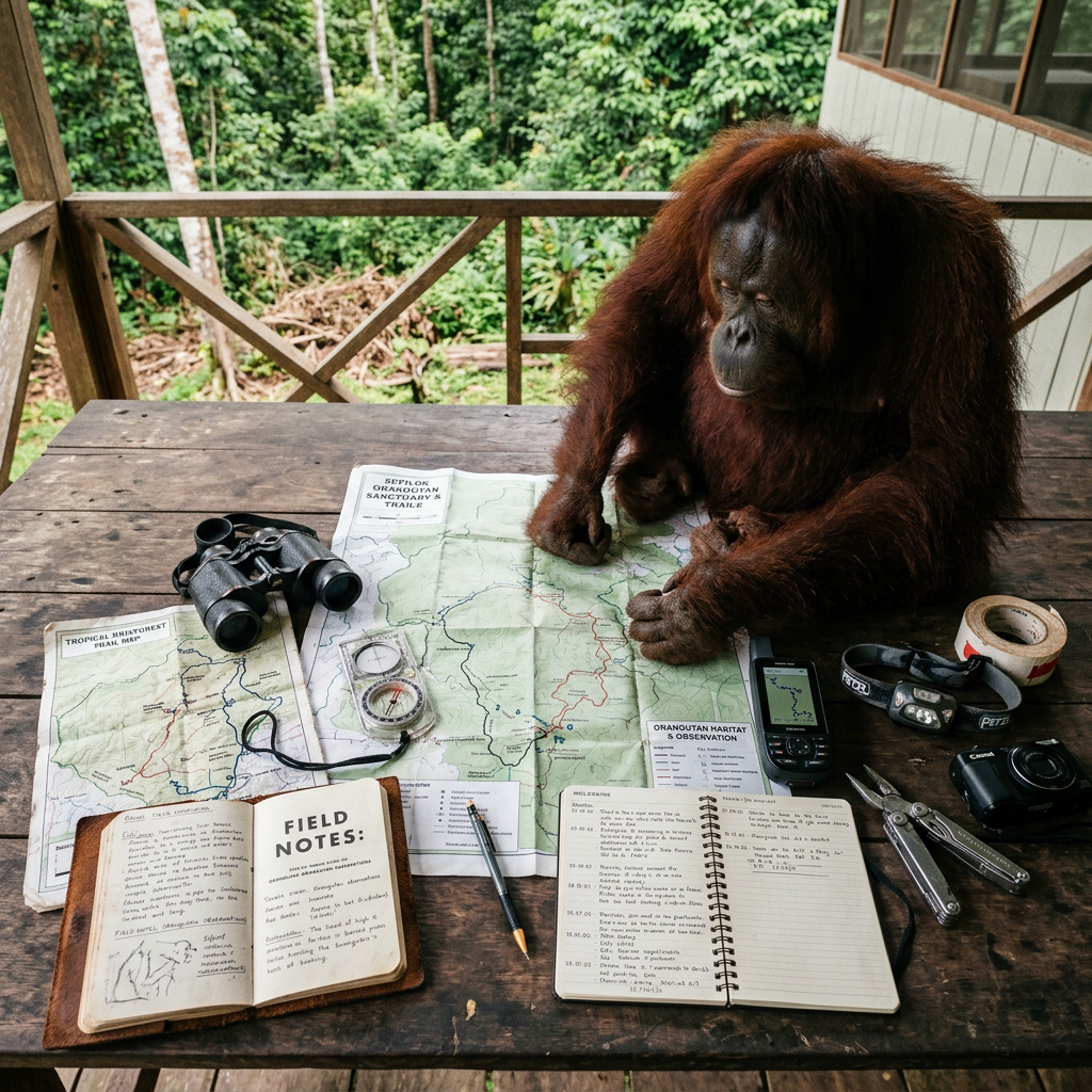 Orangutan interacting with maps, notebooks, compass, and research equipment on a table