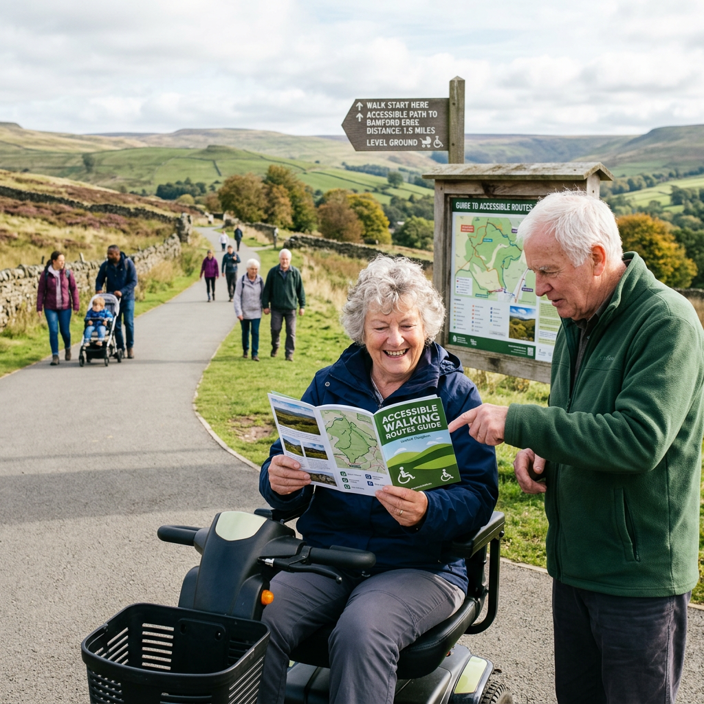 Elderly woman on mobility scooter and man looking at accessible walking routes guide outdoors