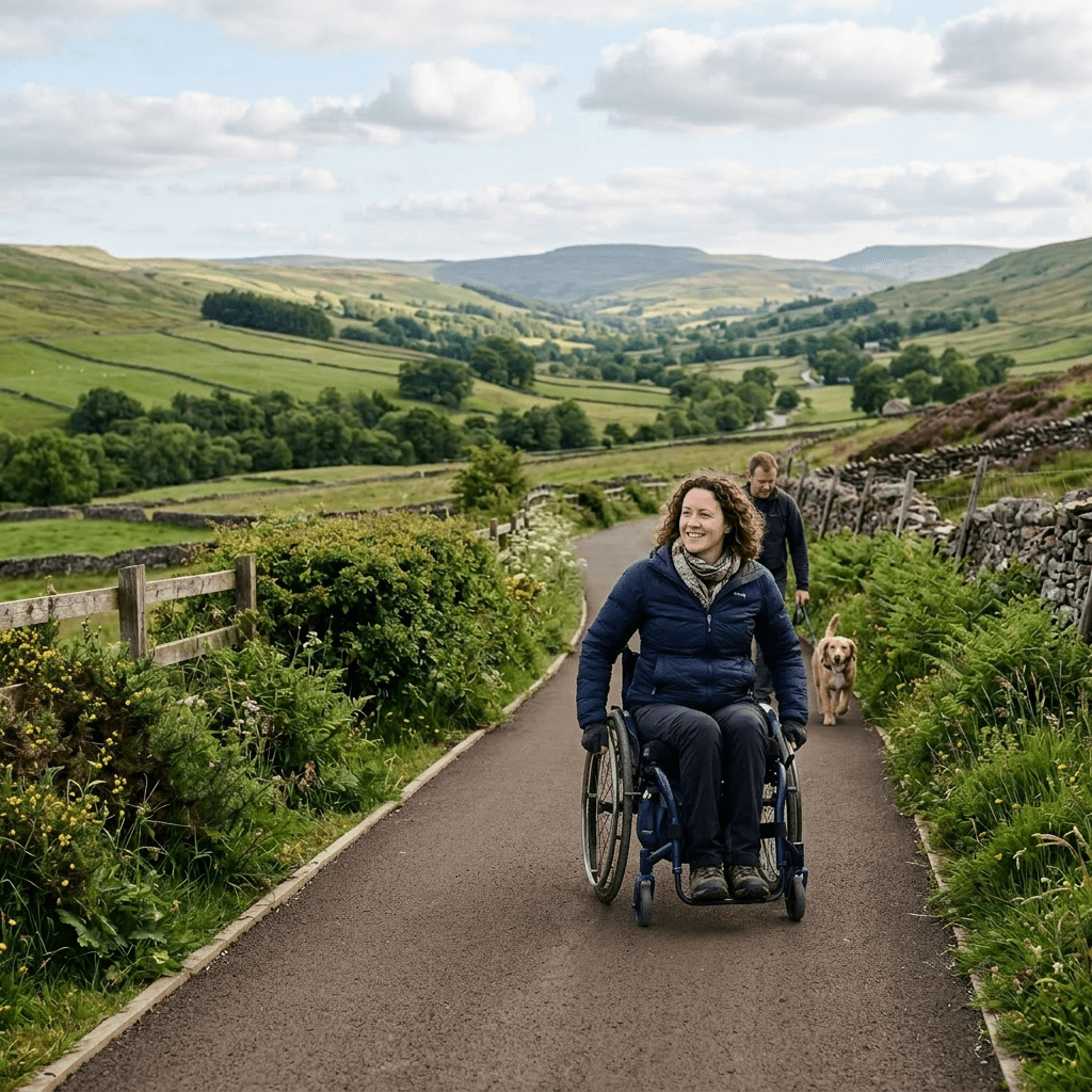 Woman in wheelchair on accessible country path with man and dog behind