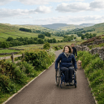 Woman in wheelchair on accessible country path with man and dog behind
