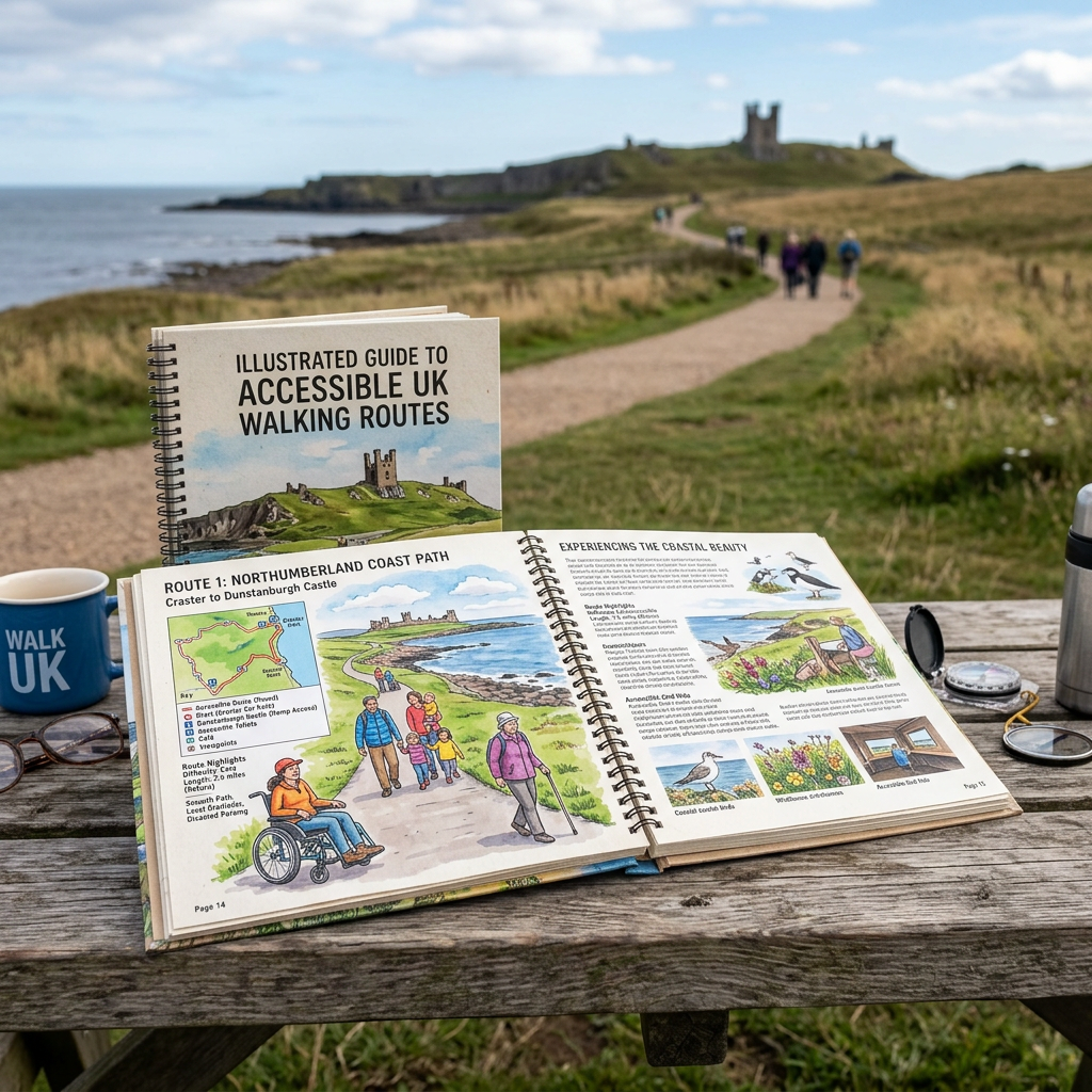 Open illustrated guidebook on accessible UK walking routes showing Route 1 Northumberland Coast Path.
