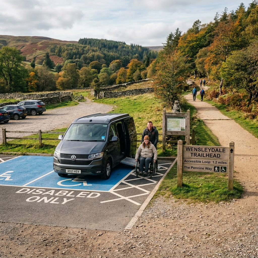 Person in wheelchair using van ramp at Wensleydale Trailhead disabled parking spot