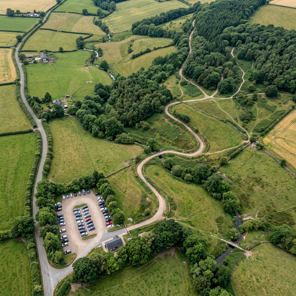 A rural parking lot filled with cars adjacent to winding walking trails and green fields