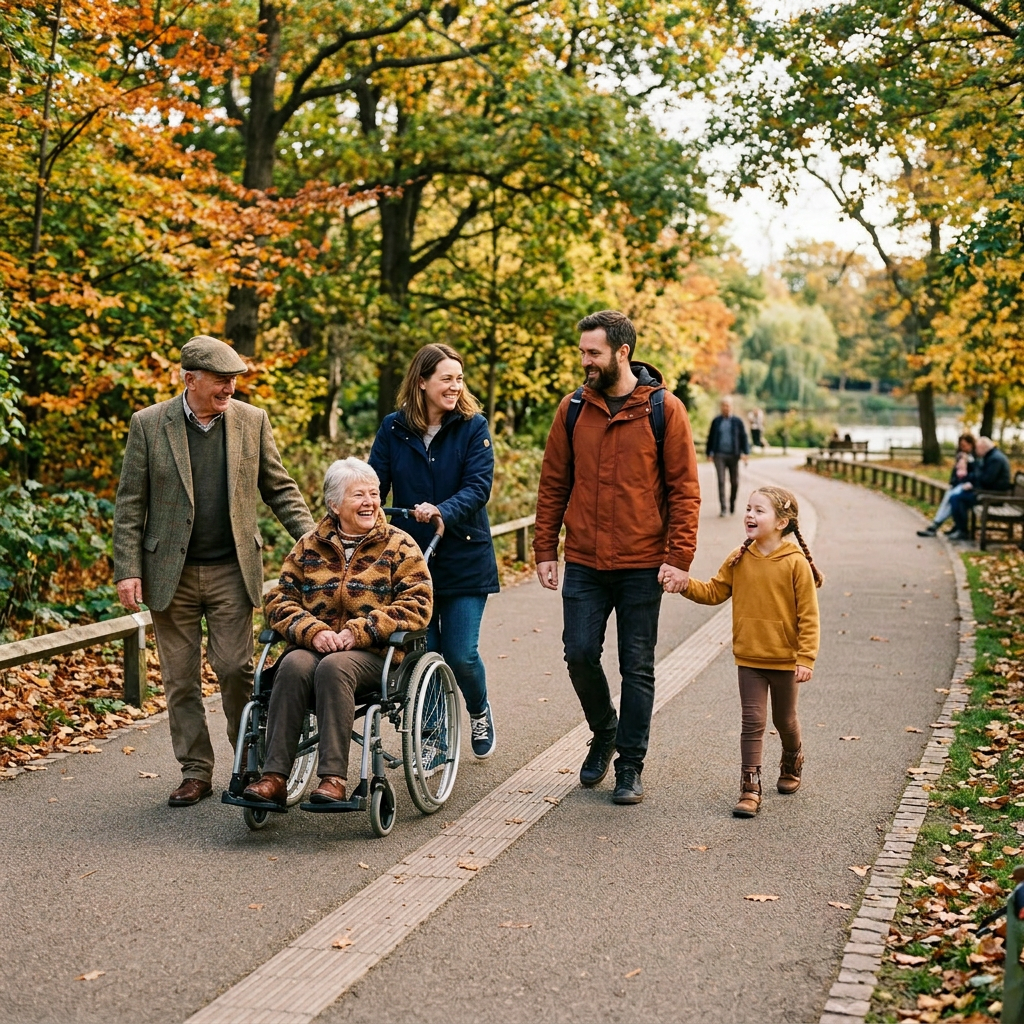Family with stroller walking on a path in an autumn park