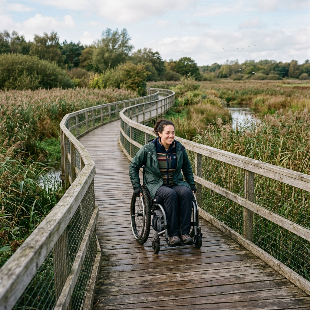 Woman in wheelchair on a wooden boardwalk surrounded by greenery and water