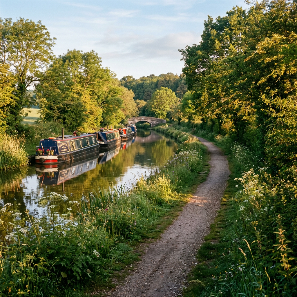 Four narrowboats moored on a calm canal with a tree-lined towpath and a small stone bridge in the distance