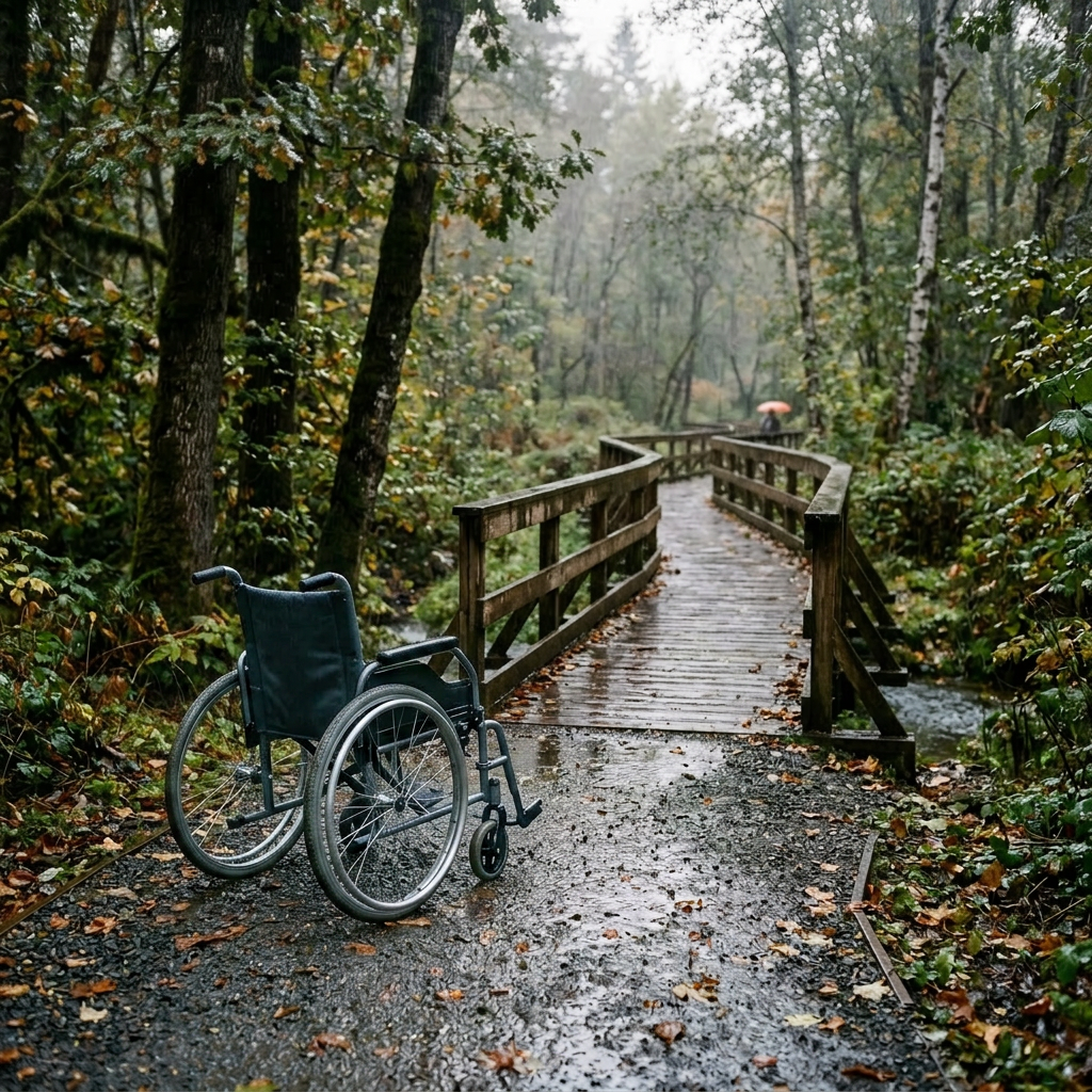 Scooter with helmet parked on wet trail near wooden bridge in forest