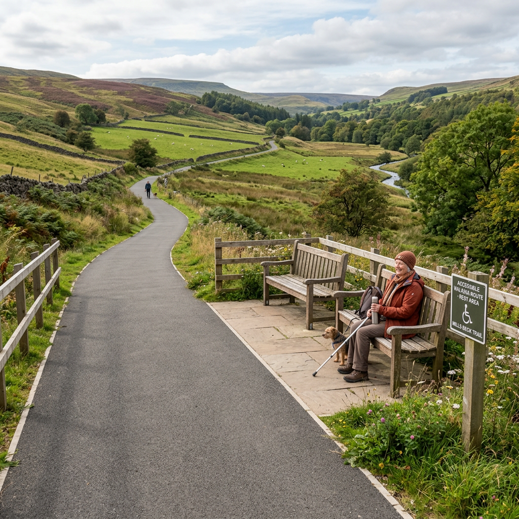 Person sitting on bench next to sign reading accessible Malavna route rest area Mills Beck Trail, with walking cane and dog