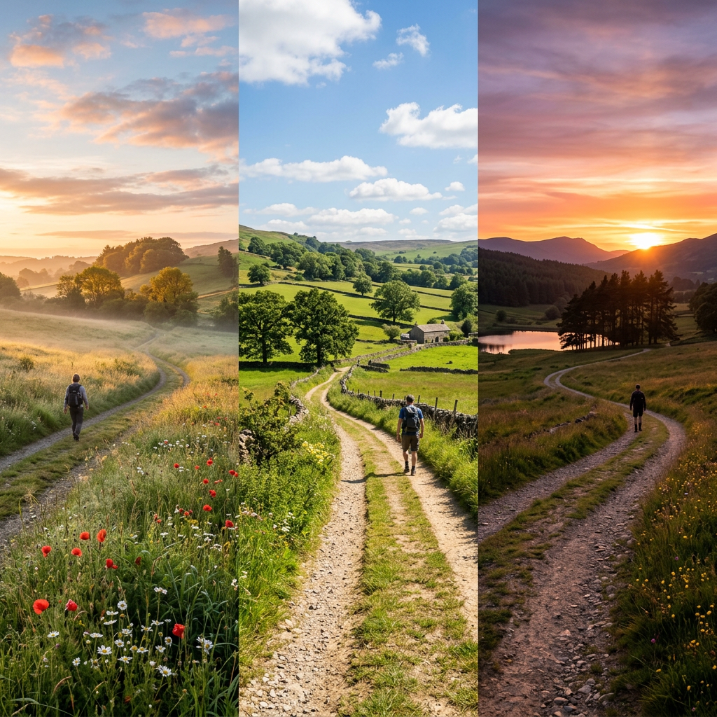 Person hiking on country paths in varied lighting from sunrise to sunset.