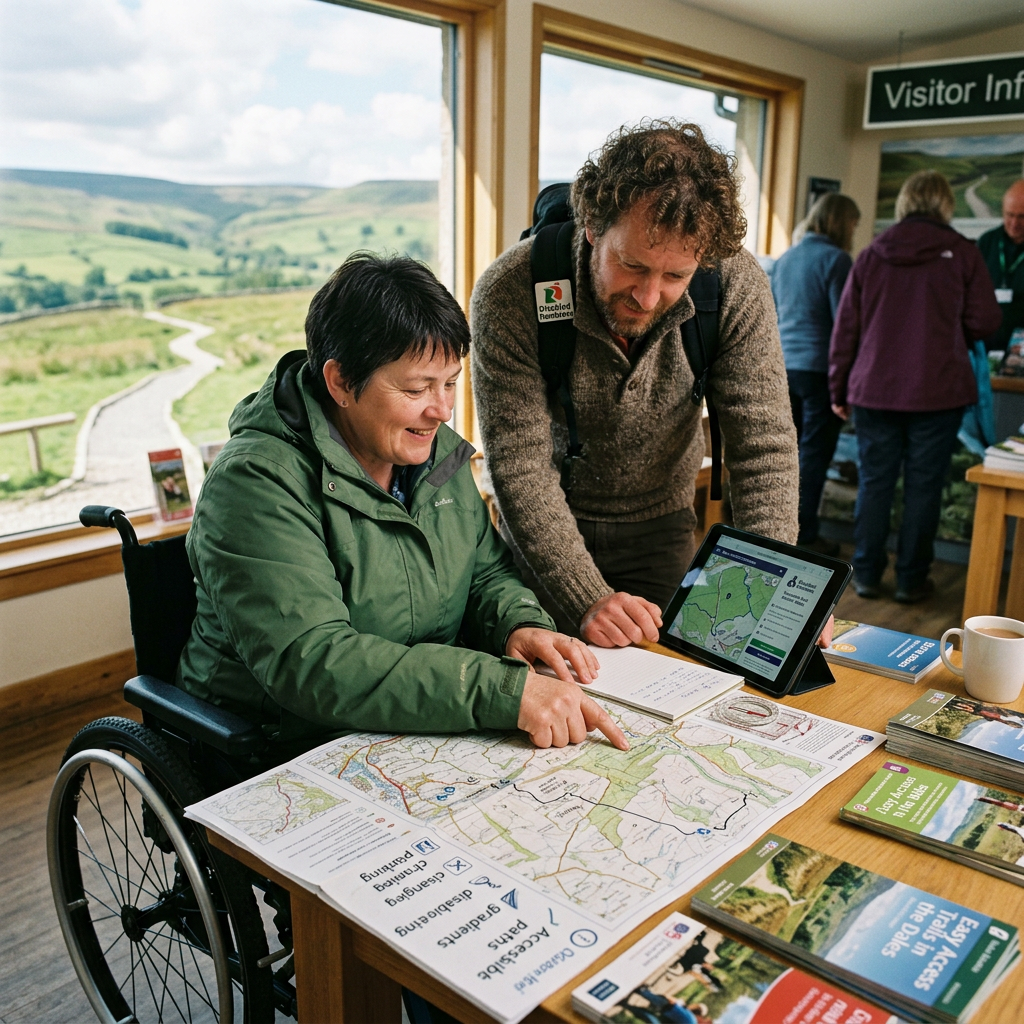 Two people planning a hiking route using printed maps and a tablet inside a visitor center