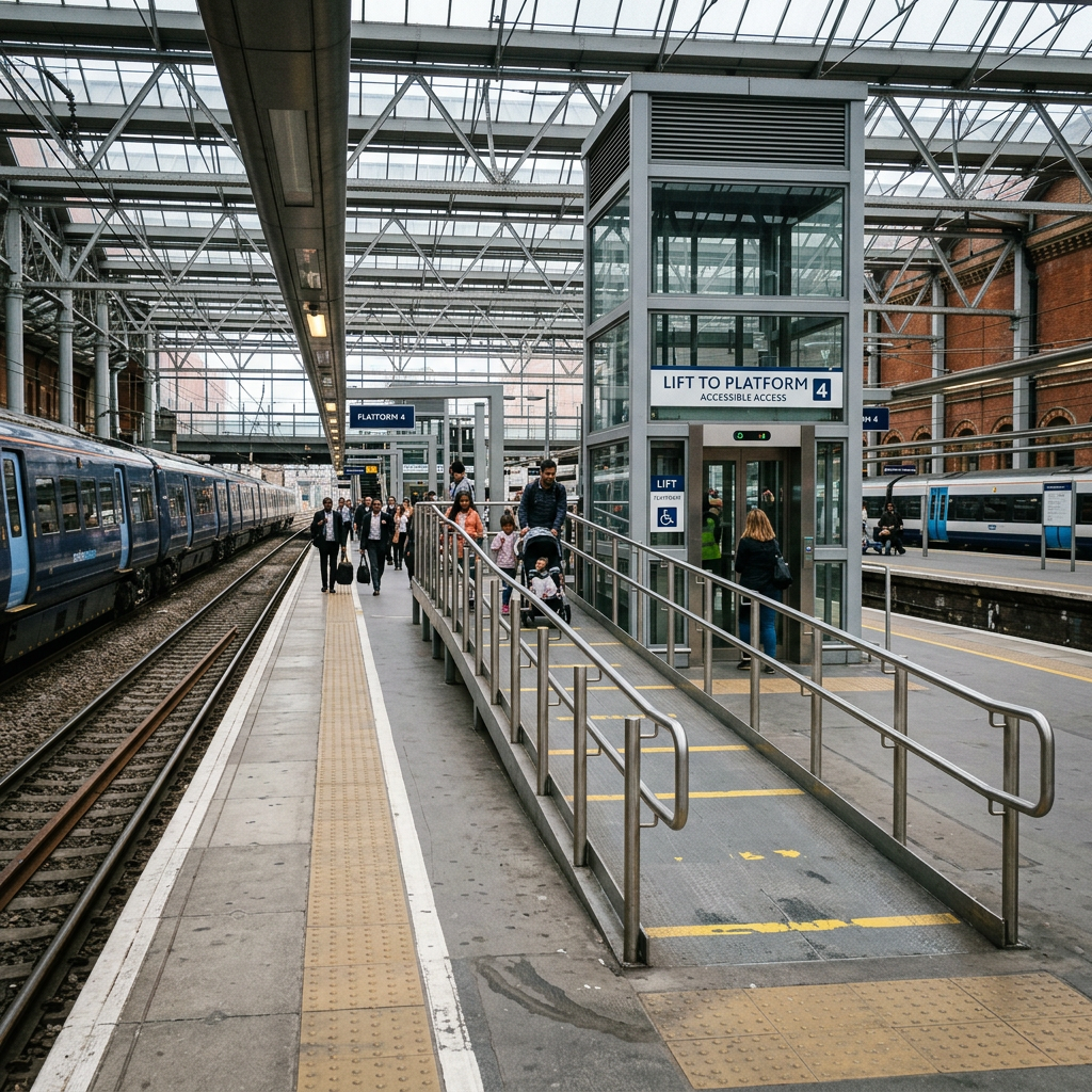 Train station platform 4 with accessible lift and passengers on ramp and platform