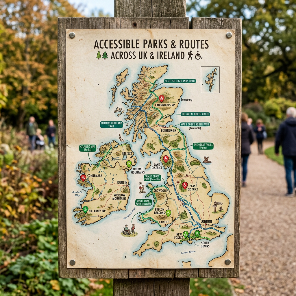 Map of accessible parks and routes across UK and Ireland with symbols for trails and accessibility.