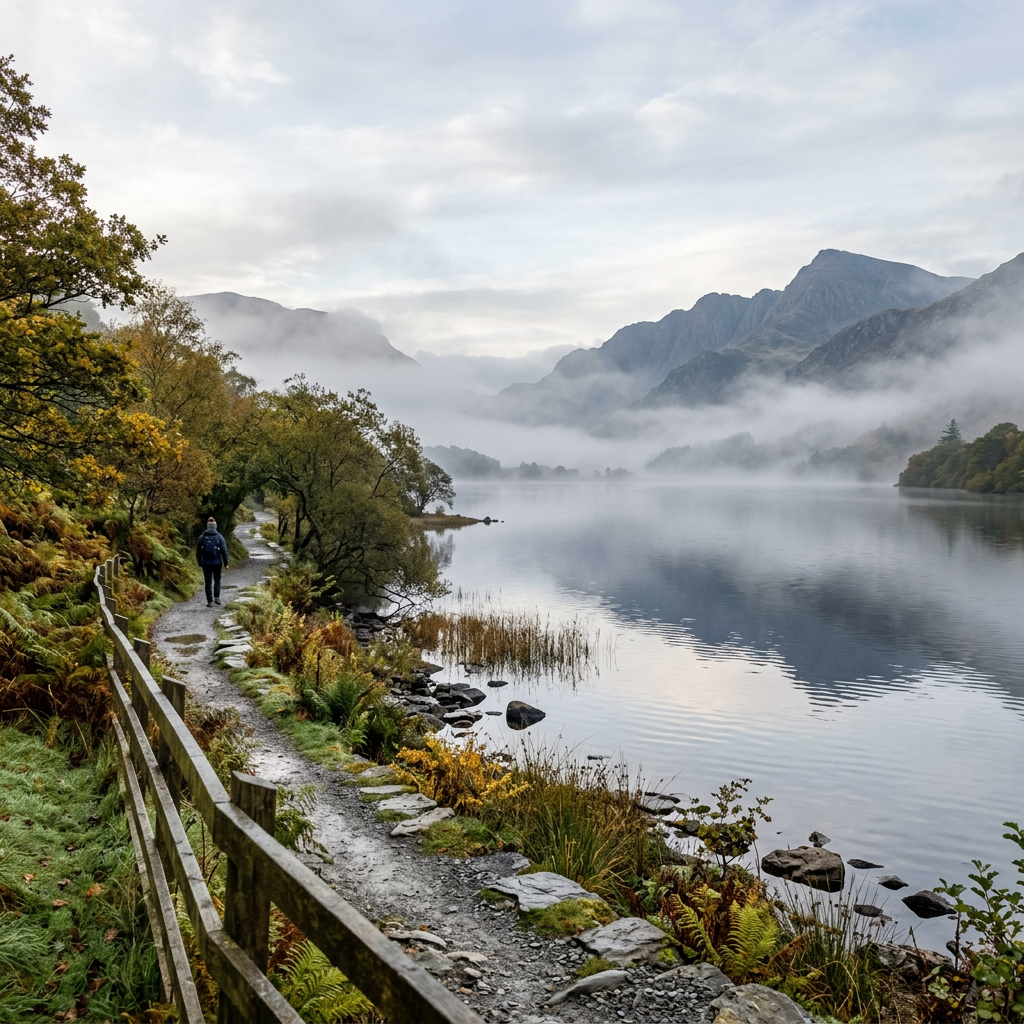 Person walking on lakeside path next to calm lake with mist and mountains