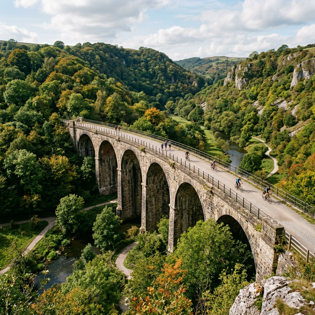 Stone viaduct bridge over a river with cyclists and walkers in a green valley