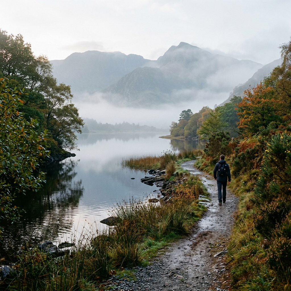 Person hiking on a lakeside trail with autumn trees and misty mountains in the background