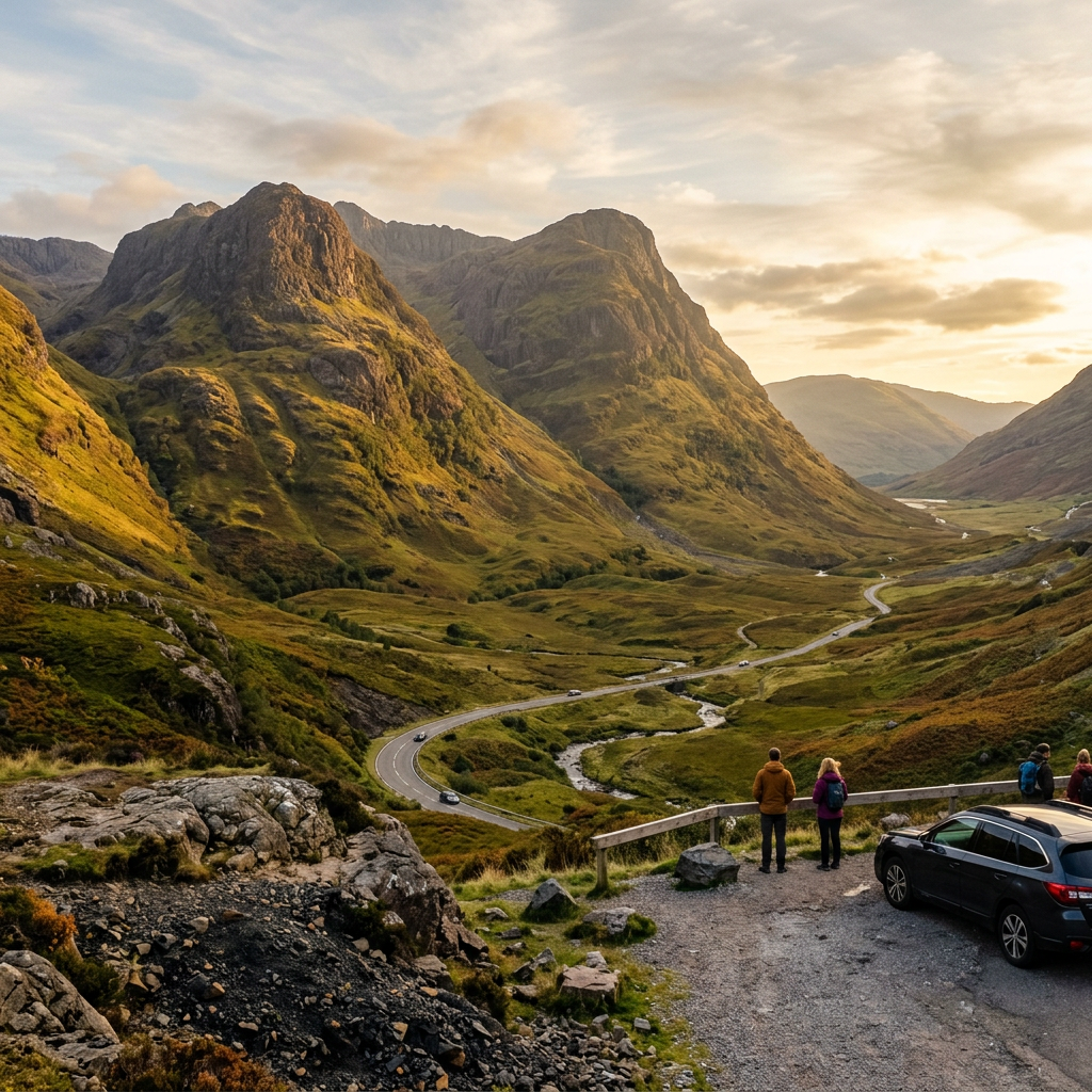 Mountain valley with a winding road, grassy hills, and visitors standing near parked cars