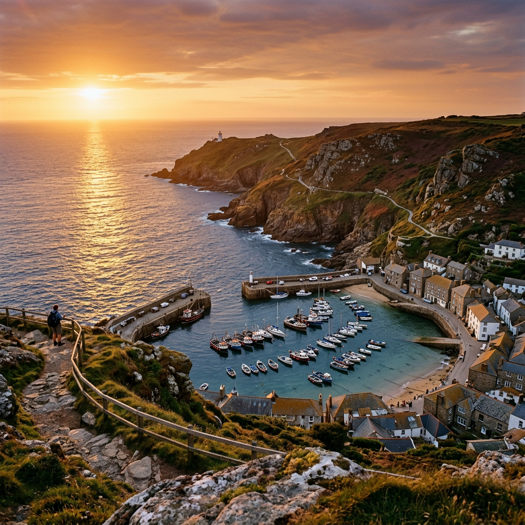 Harbor with numerous boats moored in calm water, cliffs and village houses at sunset