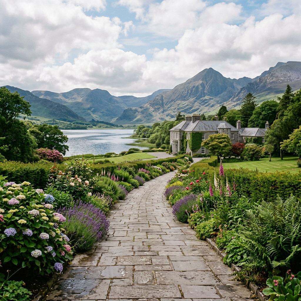 Stone pathway leading to a lakeside house with flowering gardens and mountains