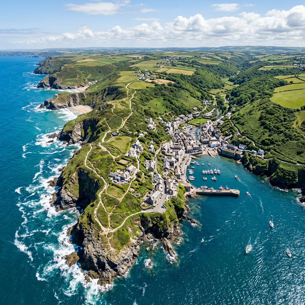 Coastal village with harbor, boats, green cliffs, and ocean