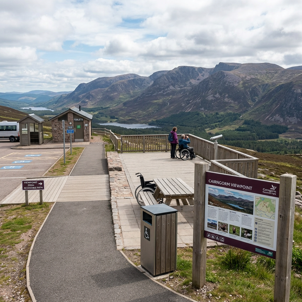 Accessible viewpoint platform overlooking mountains and lakes with visitors, wheelchair access, and informational sign