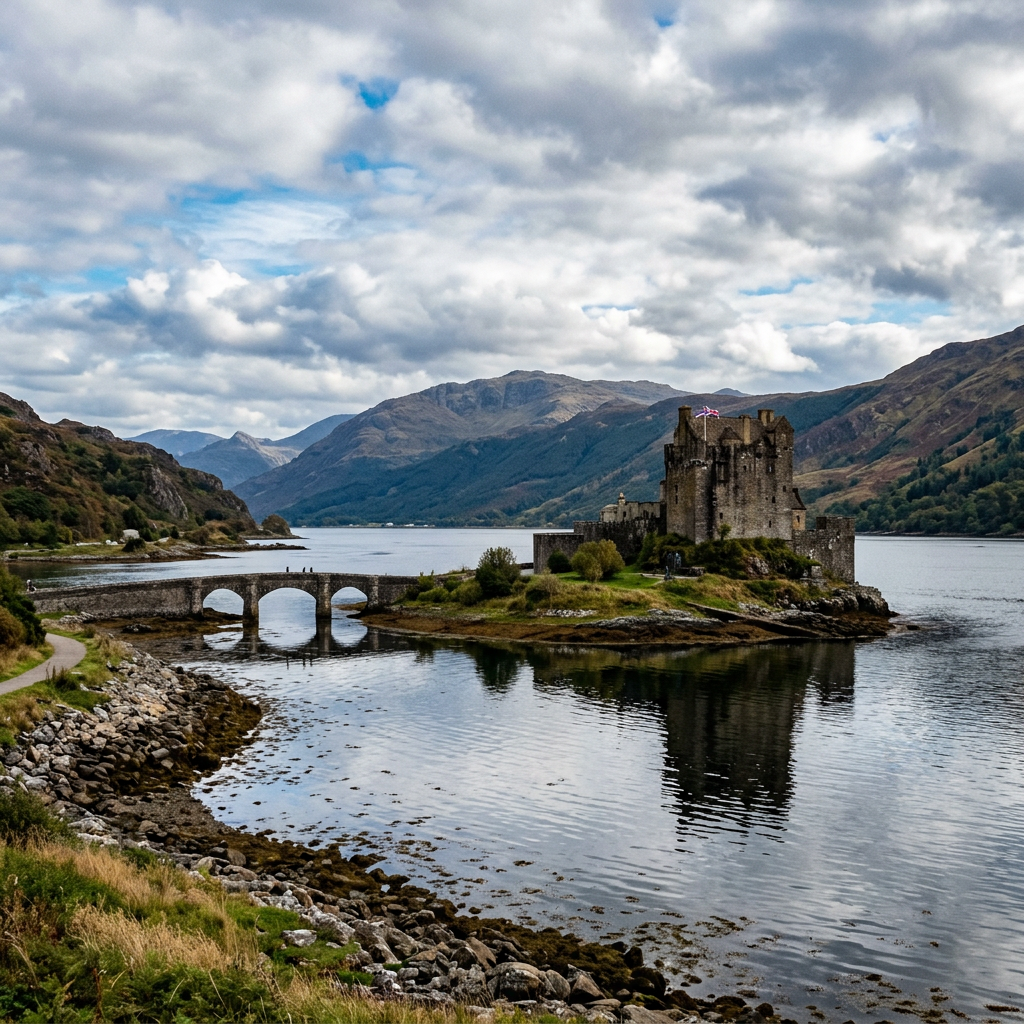 Eilean Donan Castle on a small island connected by stone bridge over calm water with hills