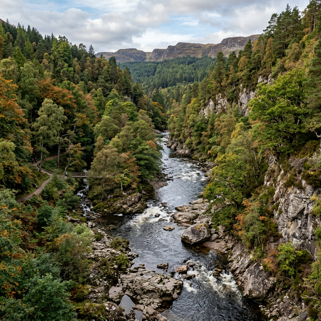River flowing through a rocky forest valley surrounded by trees and hills