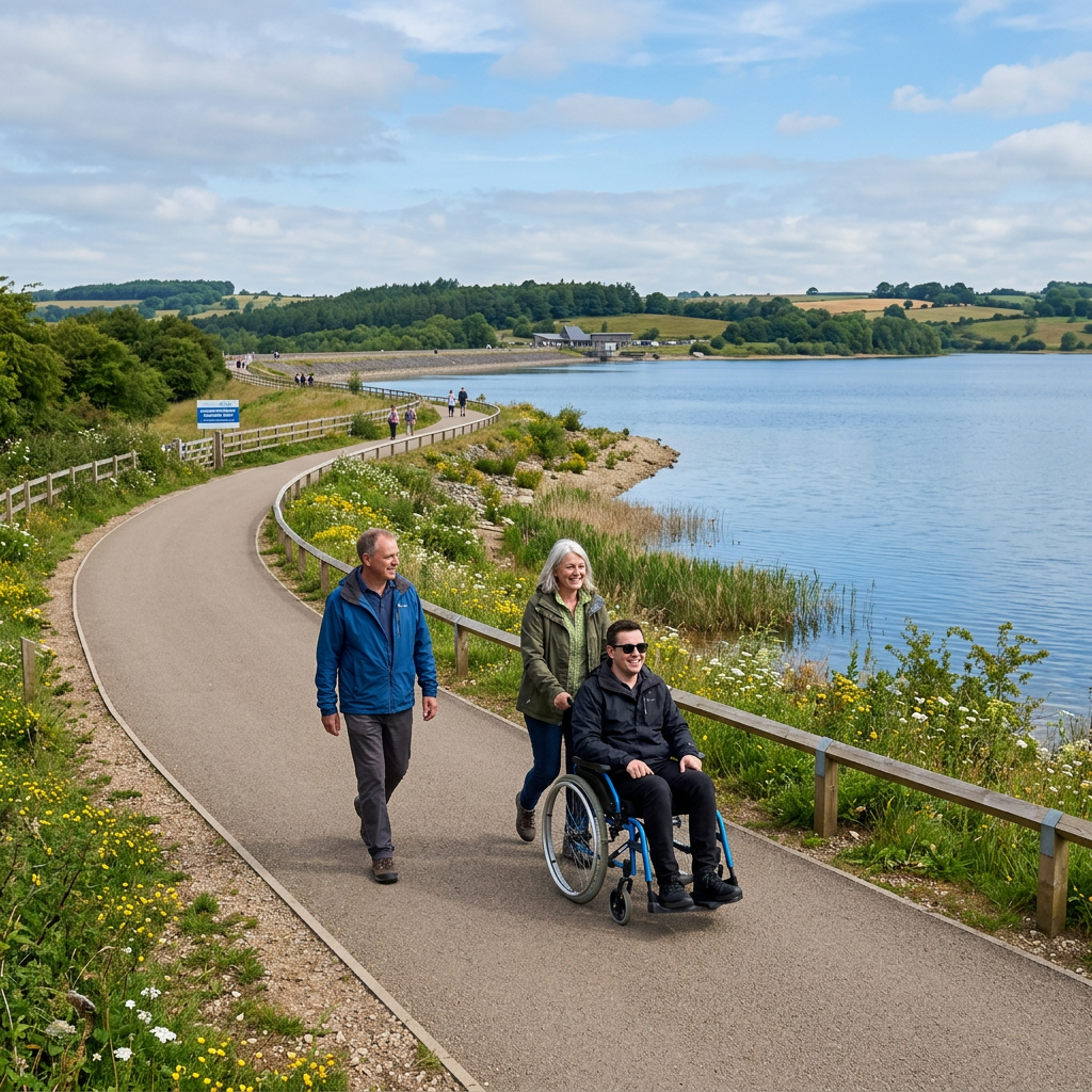 Three people on an accessible lakeside path, one in a wheelchair, accompanied by two others walking