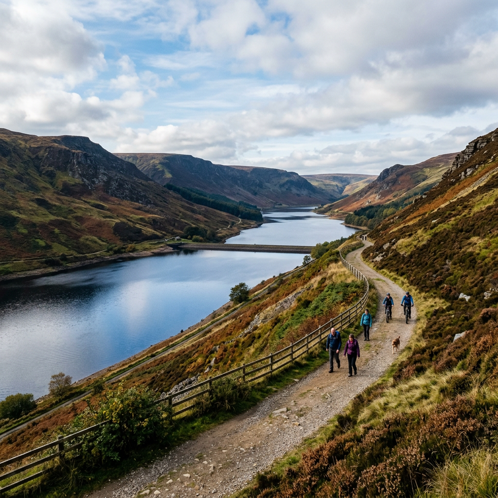 Group walking and cycling on a lakeside trail in a green mountainous valley