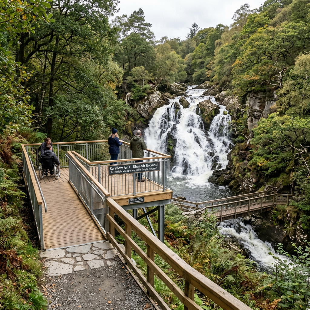 Accessible wooden viewing platform overlooking Swallow Falls waterfall surrounded by green trees