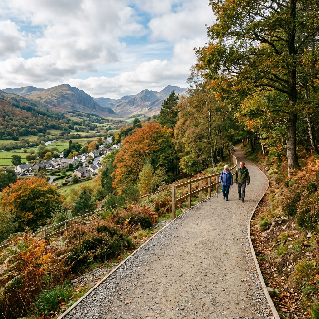 Elderly couple walking on a gravel path surrounded by autumn trees, with a village and mountains in the background