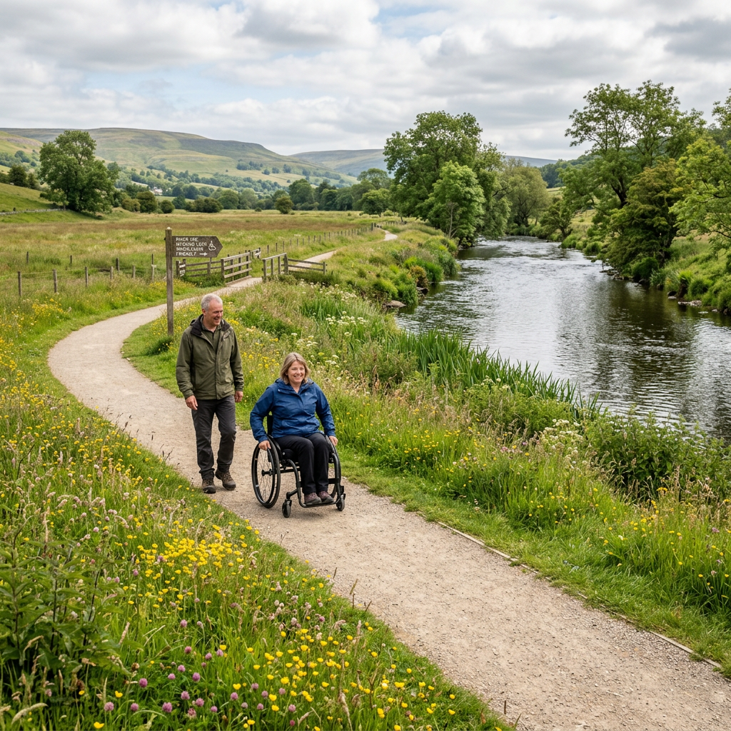 Woman in wheelchair and man walking on accessible path by river in countryside
