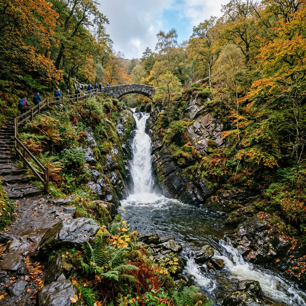 Waterfall flowing under a stone arch bridge with hikers on a forest trail nearby